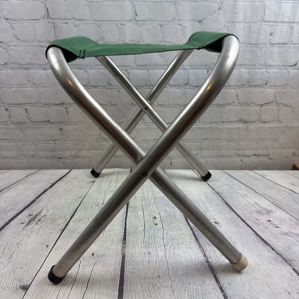 Vintage Folding Aluminum Camp Stool with Green Seat 16" Tall